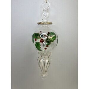 Hand Blown & Painting Clear Glass Ball and Spire X’mas Tree Ornament Floral 8”‎